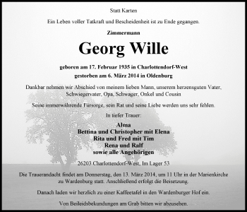 Traueranzeige von Georg Wille von Nordwest-Zeitung