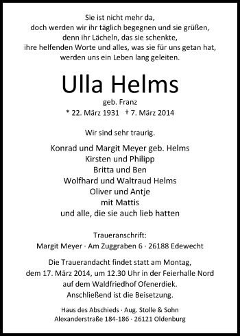 Traueranzeige von Ulla Helms von Nordwest-Zeitung