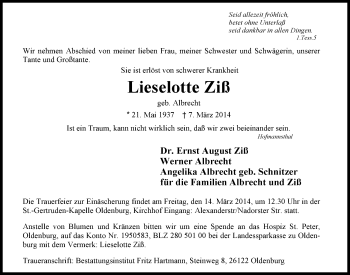 Traueranzeige von Lieselotte Ziß von Nordwest-Zeitung