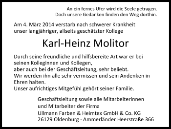 Traueranzeige von Karl-Heinz Molitor von Nordwest-Zeitung