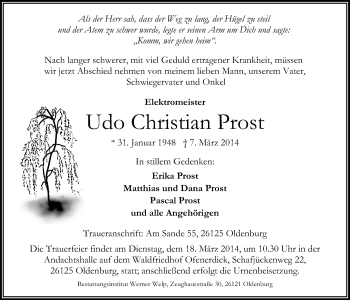Traueranzeige von Udo Christian Prost von Nordwest-Zeitung