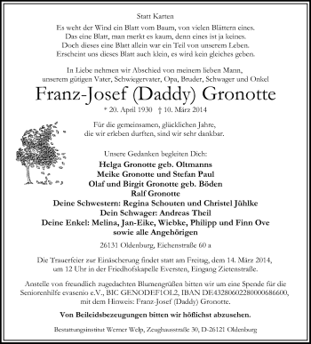 Traueranzeige von Franz-Josef Gronotte von Nordwest-Zeitung