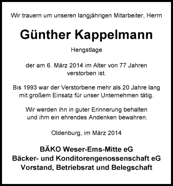 Traueranzeige von Günther Kappelmann von Nordwest-Zeitung