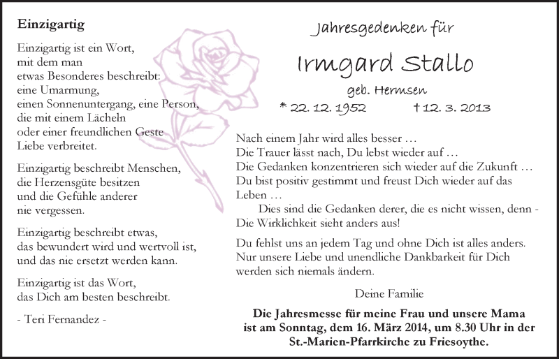  Traueranzeige für Irmgard Stallo vom 12.03.2014 aus Nordwest-Zeitung