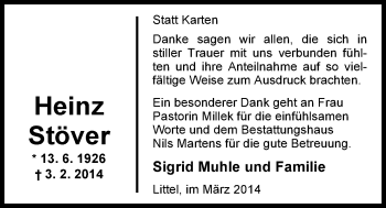 Traueranzeige von Heinz Stöver von Nordwest-Zeitung