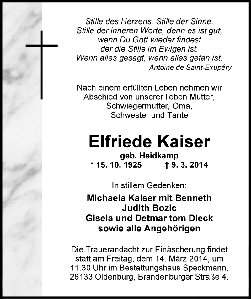  Traueranzeige für Elfriede Kaiser vom 12.03.2014 aus Nordwest-Zeitung