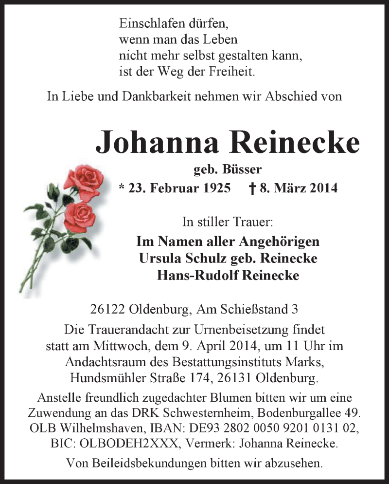  Traueranzeige für Johanna Reinecke vom 17.03.2014 aus Nordwest-Zeitung