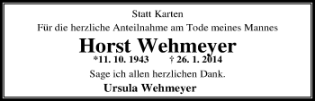 Traueranzeige von Horst Wehmeyer von Nordwest-Zeitung