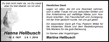 Traueranzeige von Hanna Hellbusch von Nordwest-Zeitung