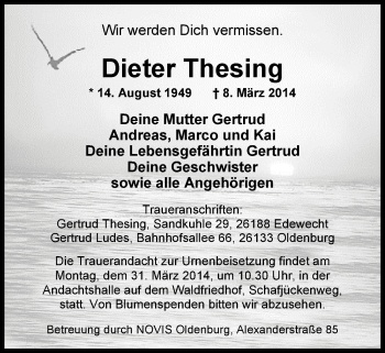 Traueranzeige von Dieter Thesing von Nordwest-Zeitung