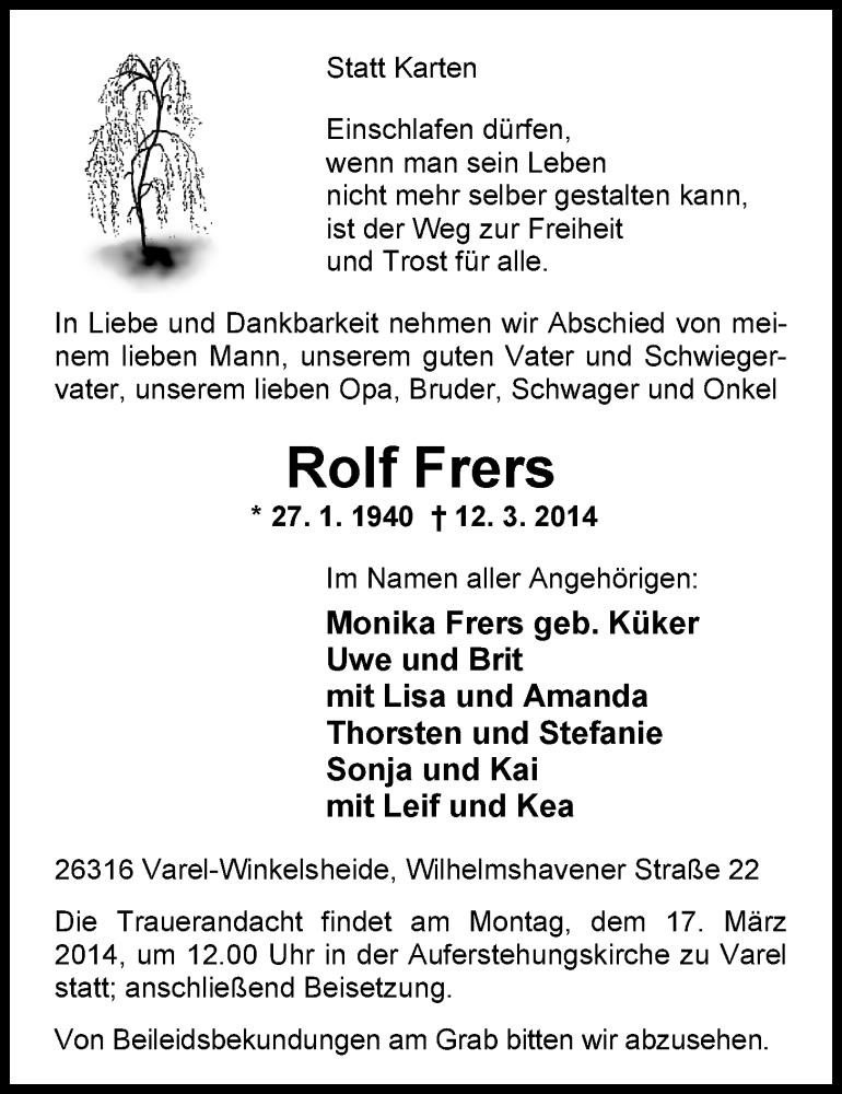 Traueranzeige für Rolf Frers vom 14.03.2014 aus Nordwest-Zeitung