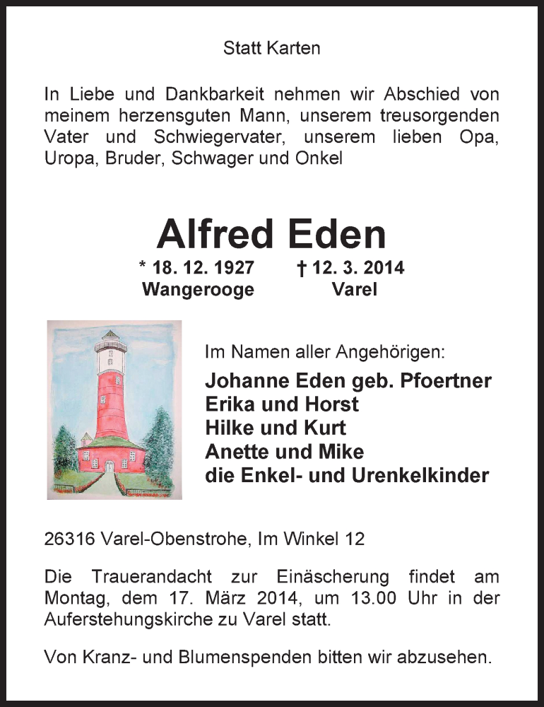  Traueranzeige für Alfred Eden vom 14.03.2014 aus Nordwest-Zeitung