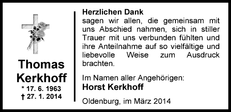  Traueranzeige für Thomas Kerkhoff vom 15.03.2014 aus Nordwest-Zeitung