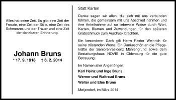 Traueranzeige von Johann Bruns von Nordwest-Zeitung