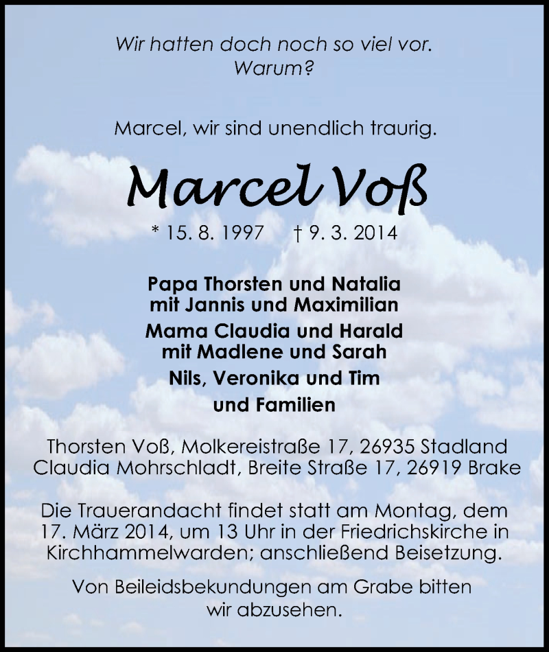  Traueranzeige für Marcel Voß vom 14.03.2014 aus Nordwest-Zeitung