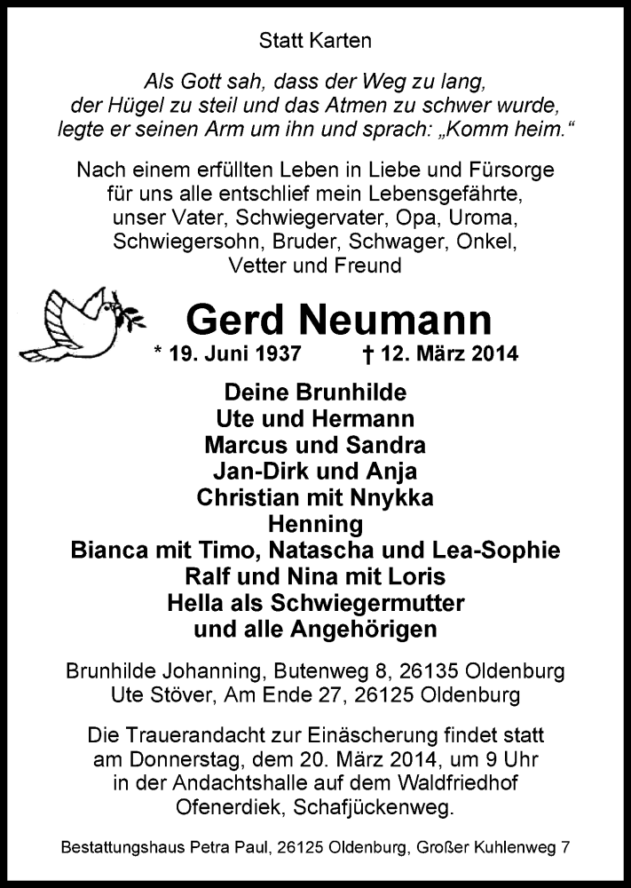  Traueranzeige für Gerd Neumann vom 14.03.2014 aus Nordwest Zeitung