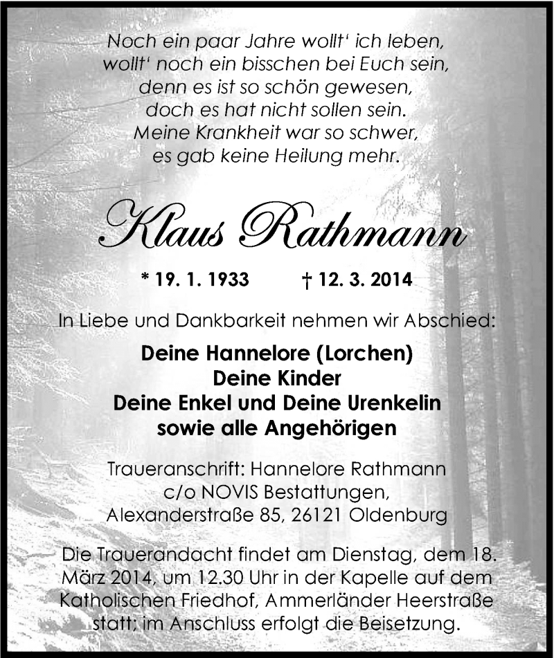  Traueranzeige für Klaus Rathmann vom 15.03.2014 aus Nordwest-Zeitung