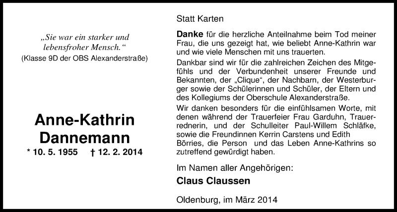  Traueranzeige für Anne-Kathrin Dannemann vom 15.03.2014 aus Nordwest-Zeitung