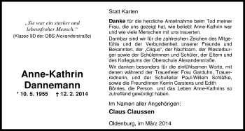 Traueranzeige von Anne-Kathrin Dannemann von Nordwest-Zeitung