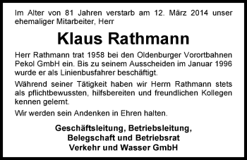 Traueranzeige von Klaus Rathmann von Nordwest-Zeitung