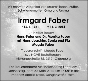 Traueranzeige von Irmgard Faber von Nordwest-Zeitung