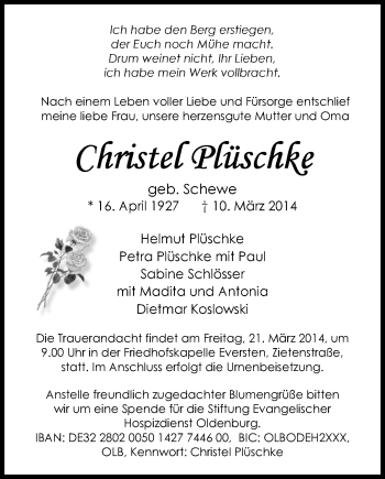 Traueranzeige von Christel Plüschke von Nordwest-Zeitung