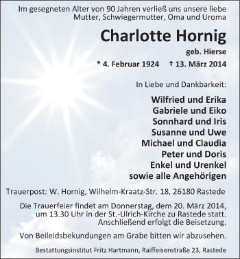 Traueranzeige von Charlotte Hornig von Nordwest-Zeitung