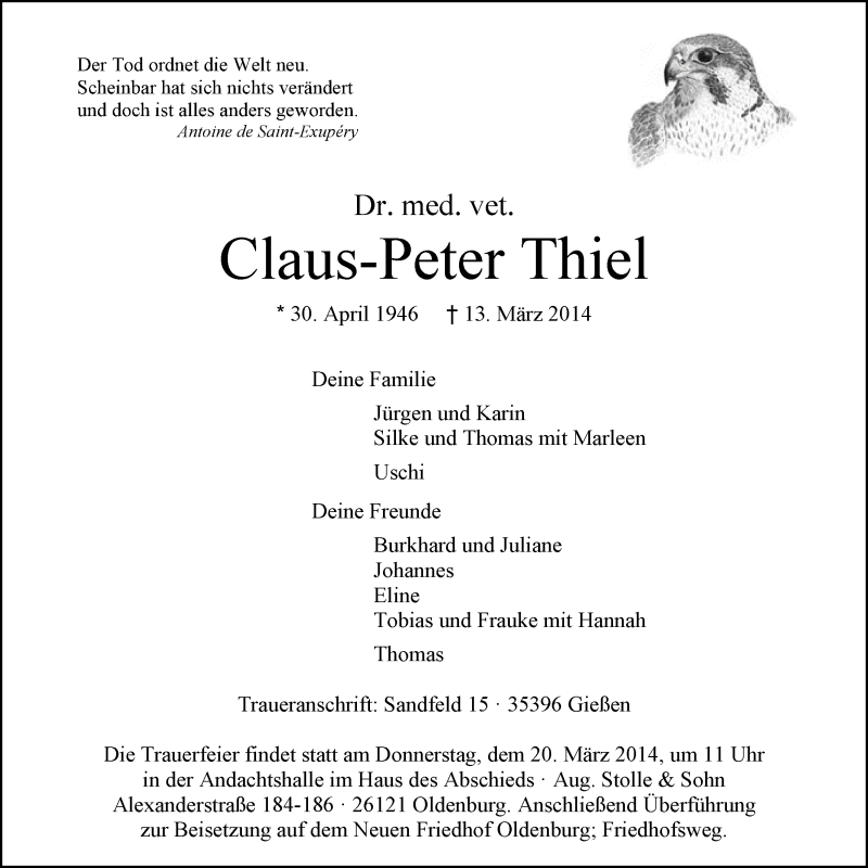  Traueranzeige für Claus-Peter Thiel vom 18.03.2014 aus Nordwest-Zeitung