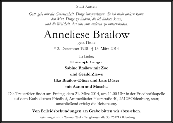 Traueranzeige von Anneliese Brailow von Nordwest-Zeitung