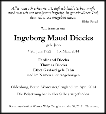 Traueranzeige von Ingeborg Maud Diecks von Nordwest-Zeitung