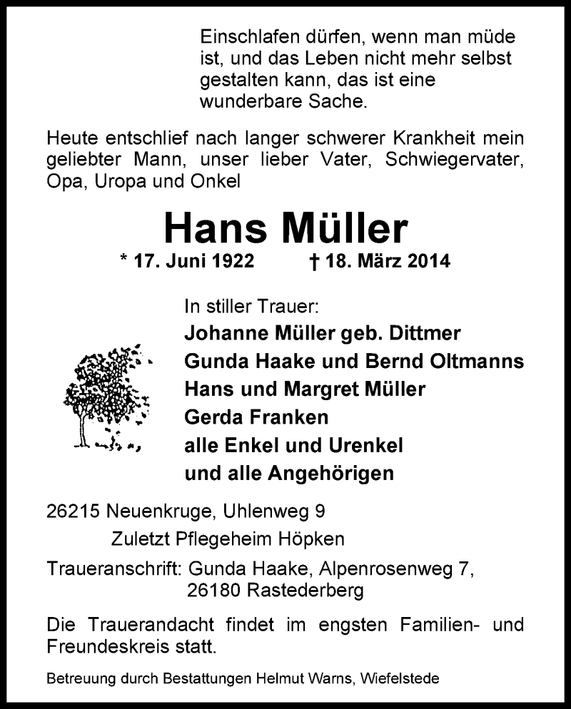  Traueranzeige für Hans Müller vom 20.03.2014 aus Nordwest-Zeitung