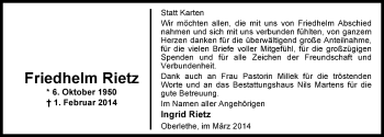 Traueranzeige von Friedhelm Rietz von Nordwest-Zeitung