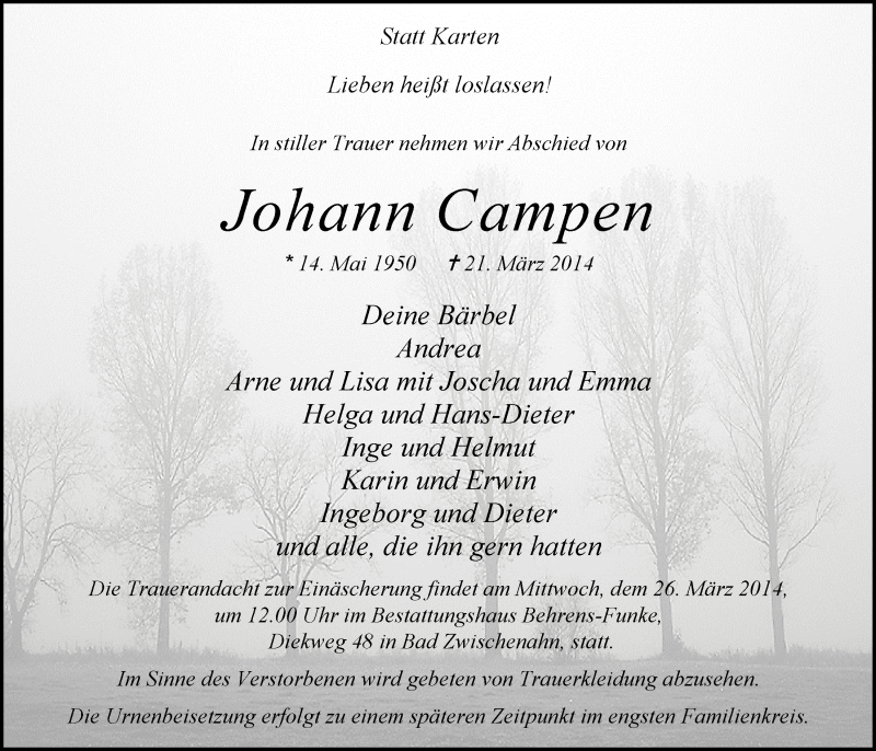  Traueranzeige für Johann Campen vom 22.03.2014 aus Nordwest-Zeitung