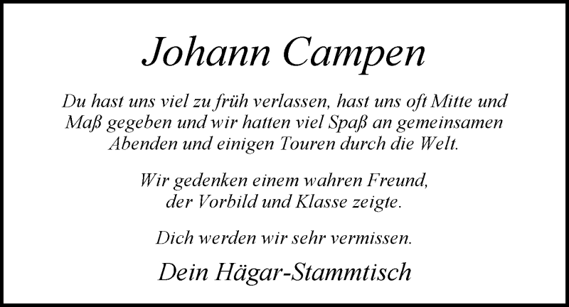  Traueranzeige für Johann Campen vom 24.03.2014 aus Nordwest-Zeitung