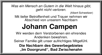 Traueranzeige von Johann Campen von Nordwest-Zeitung