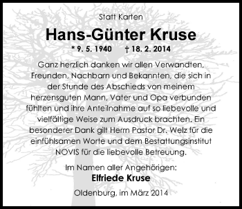 Traueranzeige von Hans-Günther Kruse von Nordwest-Zeitung