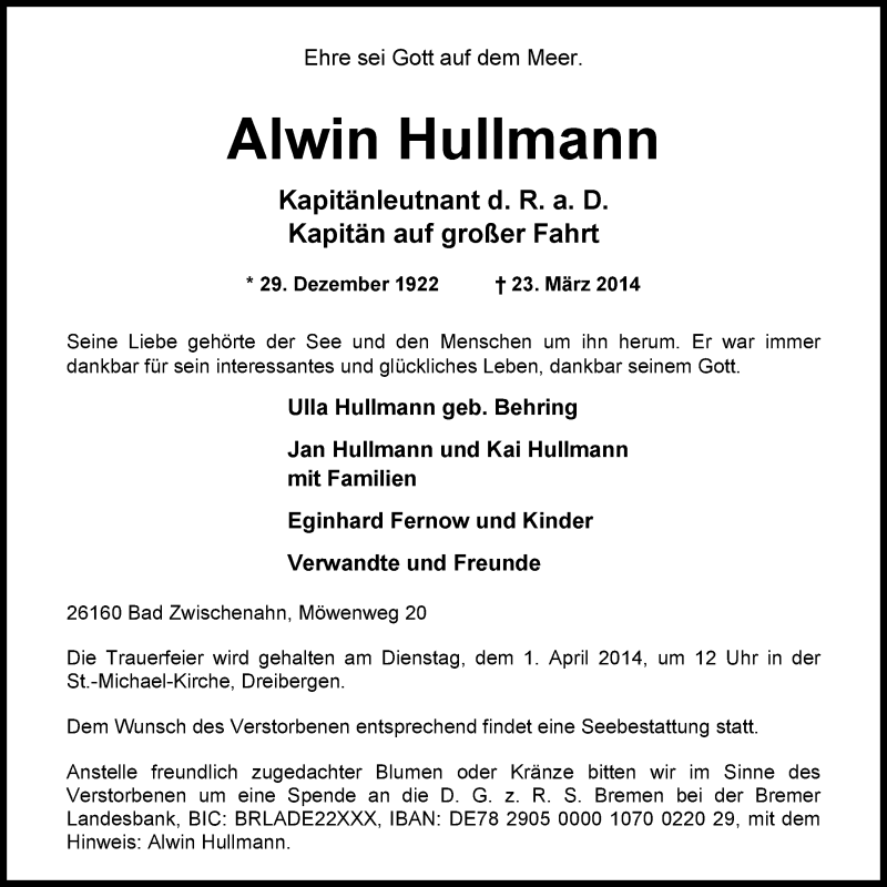 Traueranzeige für Alwin Hullmann vom 25.03.2014 aus Nordwest-Zeitung