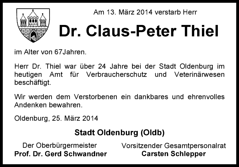  Traueranzeige für Claus-Peter Thiel vom 25.03.2014 aus Nordwest-Zeitung