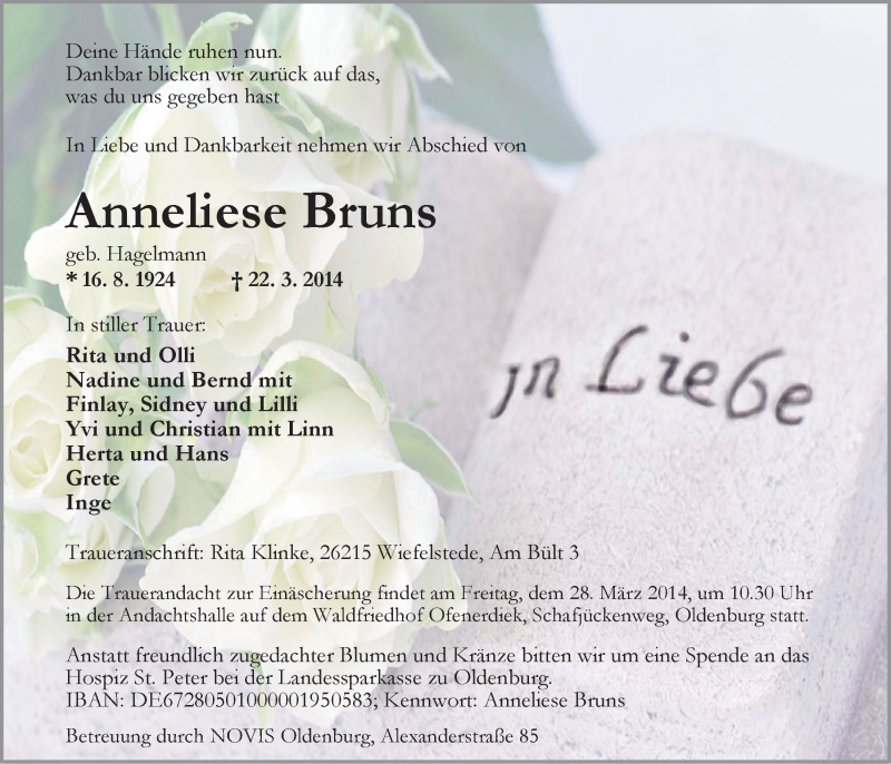  Traueranzeige für Anneliese Bruns vom 25.03.2014 aus Nordwest-Zeitung