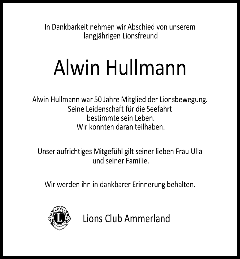  Traueranzeige für Alwin Hullmann vom 26.03.2014 aus Nordwest-Zeitung