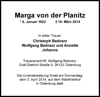 Traueranzeige von Marga von der Planitz von Nordwest-Zeitung