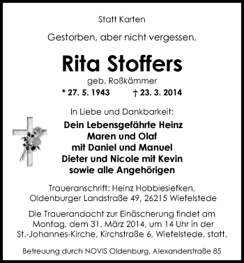 Traueranzeige von Rita Stoffers von Nordwest-Zeitung