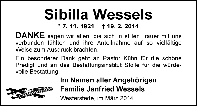  Traueranzeige für Sibilla Wessels vom 29.03.2014 aus Nordwest-Zeitung