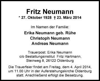 Traueranzeige von Fritz Neumann von Nordwest-Zeitung