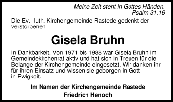 Traueranzeige von Gisela Bruhn von Nordwest-Zeitung