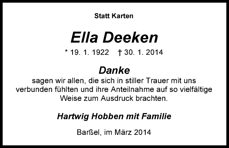  Traueranzeige für Ella Deeken vom 29.03.2014 aus Nordwest-Zeitung