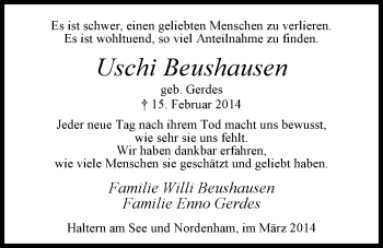 Traueranzeige von Uschi Beushausen von Nordwest-Zeitung