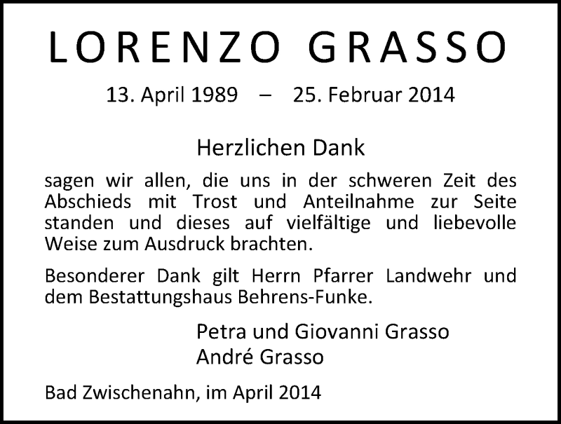  Traueranzeige für Lorenzo Grasso vom 05.04.2014 aus Nordwest-Zeitung