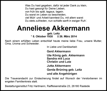 Traueranzeige von Anneliese Akkermann von Nordwest-Zeitung