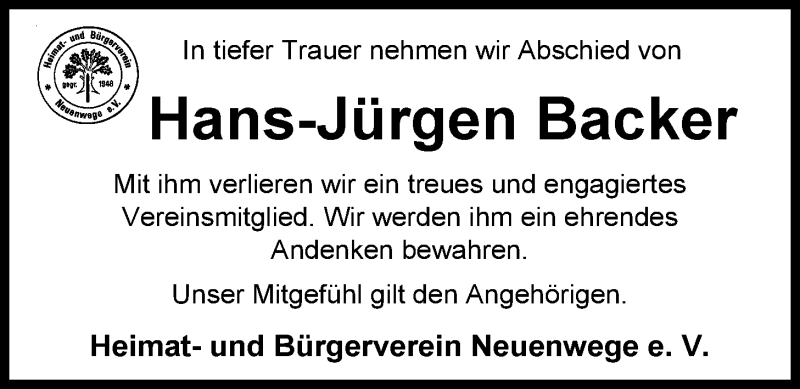  Traueranzeige für Hans-Jürgen Backer vom 29.03.2014 aus Nordwest-Zeitung